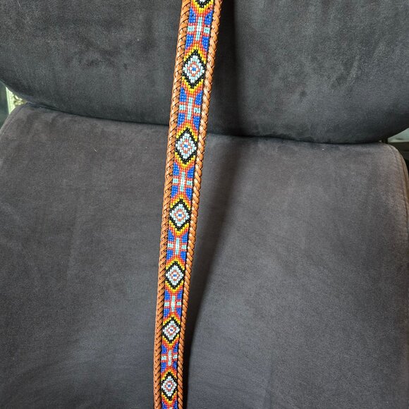 Multicolor beaded brown leather belt with beautiful hardware.